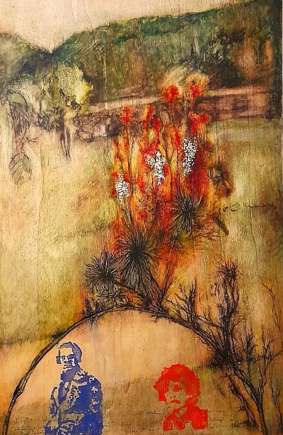 “Frederik & i” Size: 36.9 × 56.1 cm, Medium: watercolors, HB pencil, “Divolo” oil colours ( Florence, Italy, since 1915) walnut oil on wooden panel. Cycle: